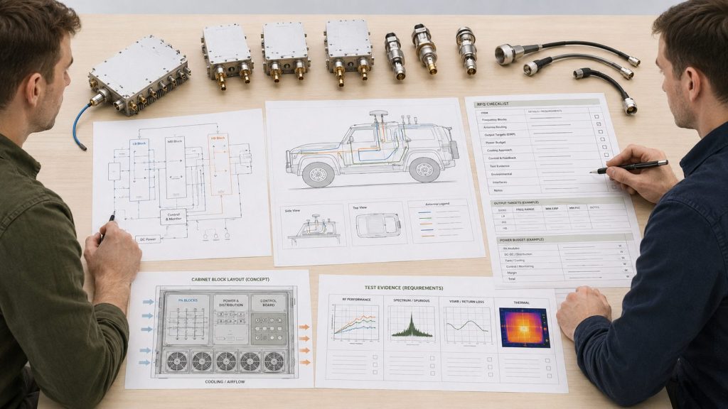 Engineers reviewing RFQ requirements for RF PA frequency blocks, antenna routing, power budget, cooling, and test evidence.