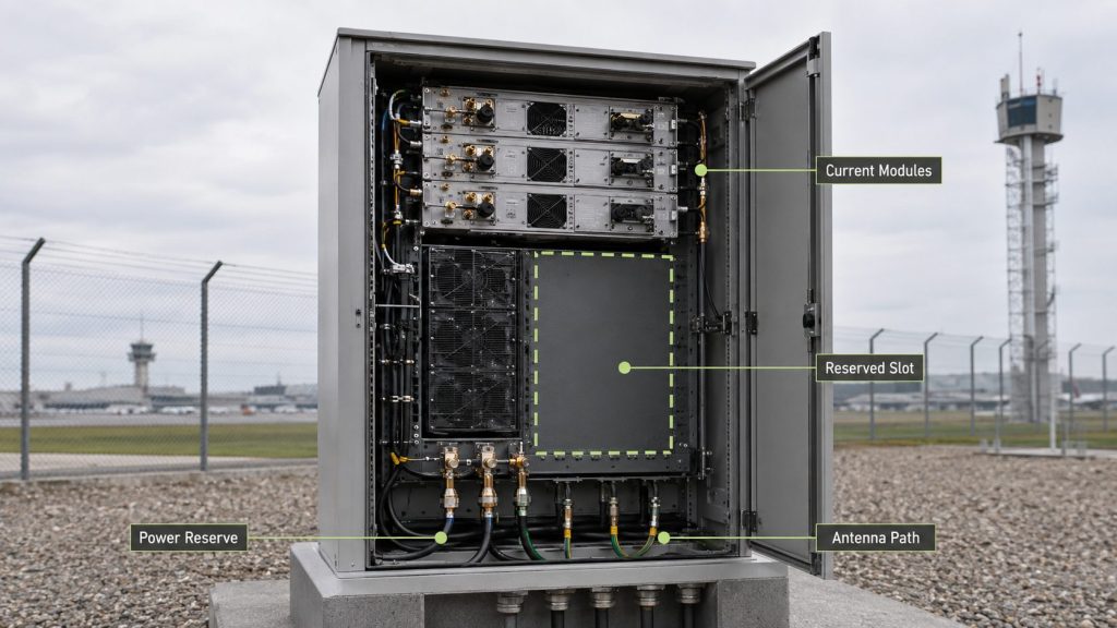 RF PA cabinet with reserved slot, power reserve, and antenna path for future frequency expansion