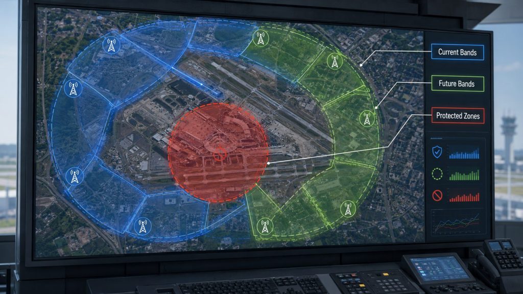 Airport C-UAS frequency expansion roadmap showing current bands, future bands, and protected zones