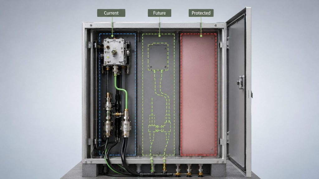 RF PA cabinet paths separating current bands, future reserved bands, and protected no-touch bands