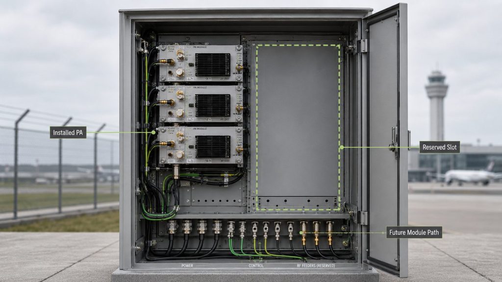 RF PA cabinet with installed modules and reserved slot for a future power amplifier module