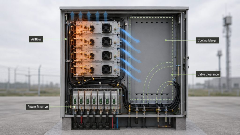 RF PA cabinet showing power reserve, cooling margin, airflow, and space for future expansion