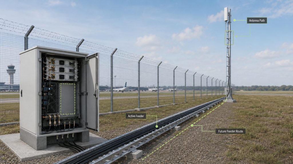 Airport perimeter cabinet with feeder path and antenna route prepared for future RF PA bands