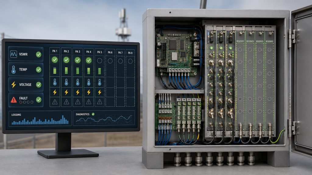 RF PA control cabinet showing alarm feedback, status monitoring, and spare control channels