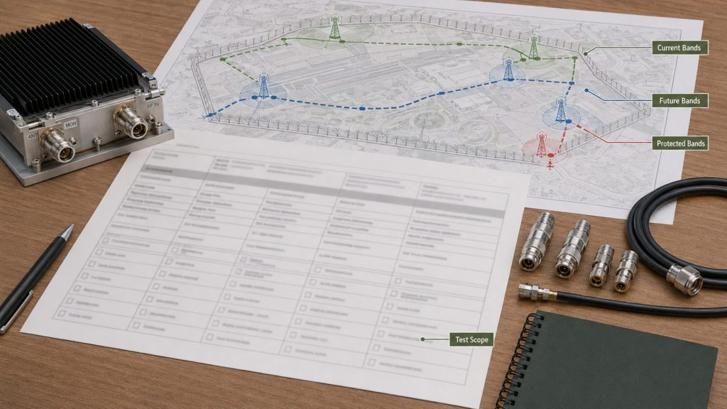 RFQ document with airport frequency plan, future bands, protected bands, and RF PA test scope