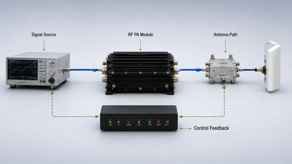 Drone jammer module positioned in the RF chain between signal source, RF power amplifier module, control feedback, and antenna path