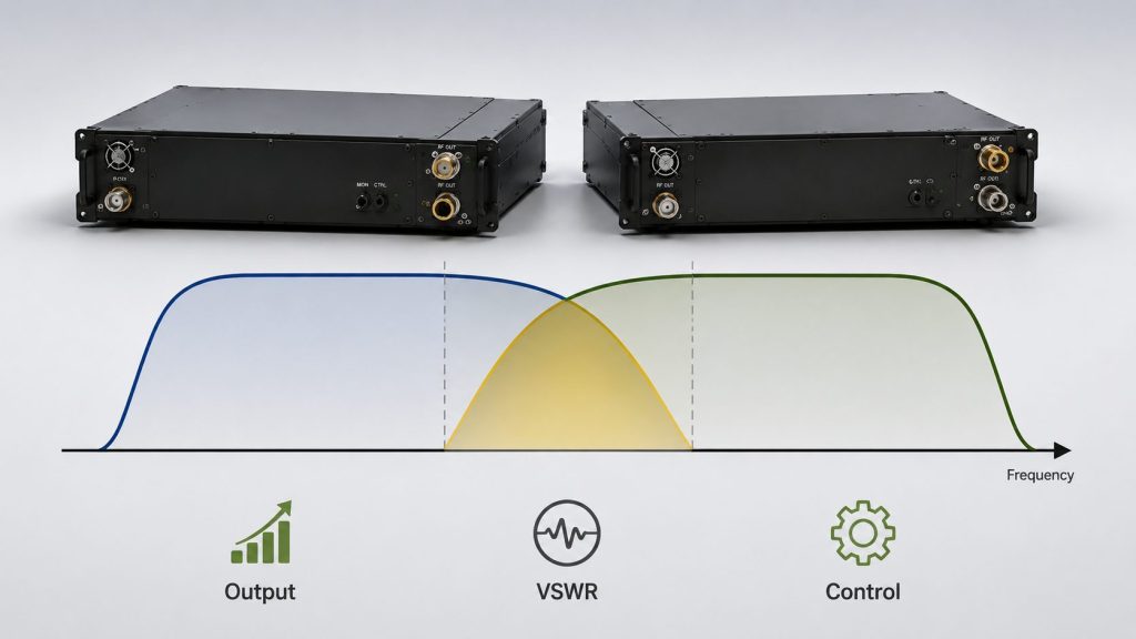 Frequency Overlap between two RF PA modules shown as a tested transition zone instead of only a datasheet intersection.