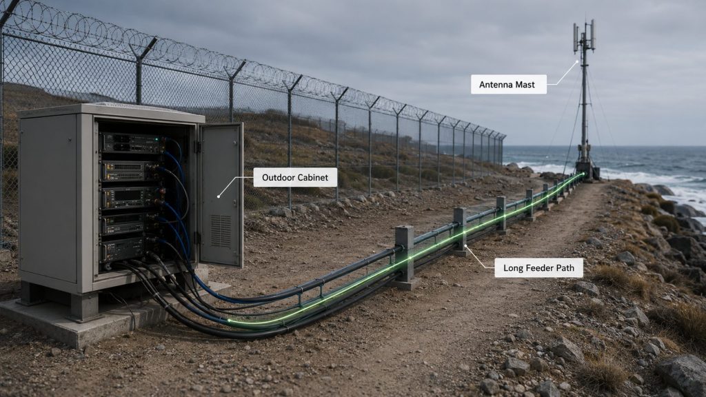 Frequency Overlap review for border and coastal C-UAS sites with outdoor cabinets, long feeder paths, and antenna mast deployment.