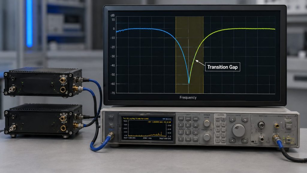 Frequency Overlap testing used to prevent hidden frequency gaps between adjacent RF power amplifier modules.