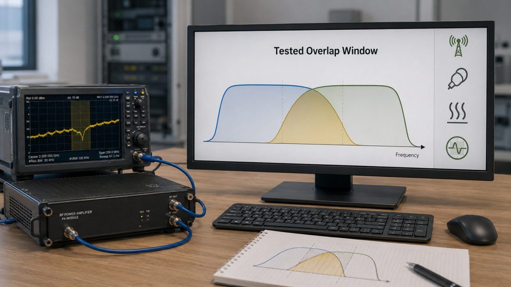 Frequency Overlap window planned around target points, antenna bandwidth, feeder loss, VSWR, and hot-state testing.