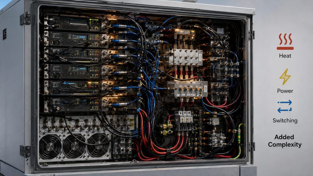 Frequency Overlap risk in a crowded RF PA cabinet with added heat, power demand, switching complexity, and test burden.