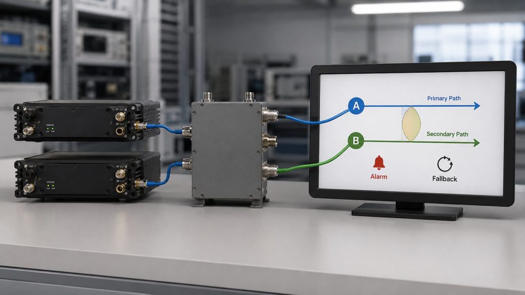 Frequency Overlap control logic defining primary and backup RF PA paths through a switch matrix and alarm interface.