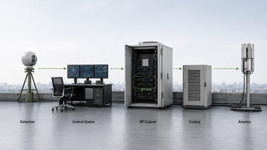 Drone jammer module shown as one part of a complete C-UAS system with detection, control station, RF cabinet, cooling, and antenna