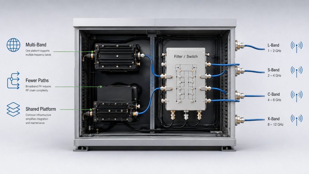 Broadband RF power amplifier module supporting multi-band C-UAS RF chain planning with fewer RF paths and shared cabinet design