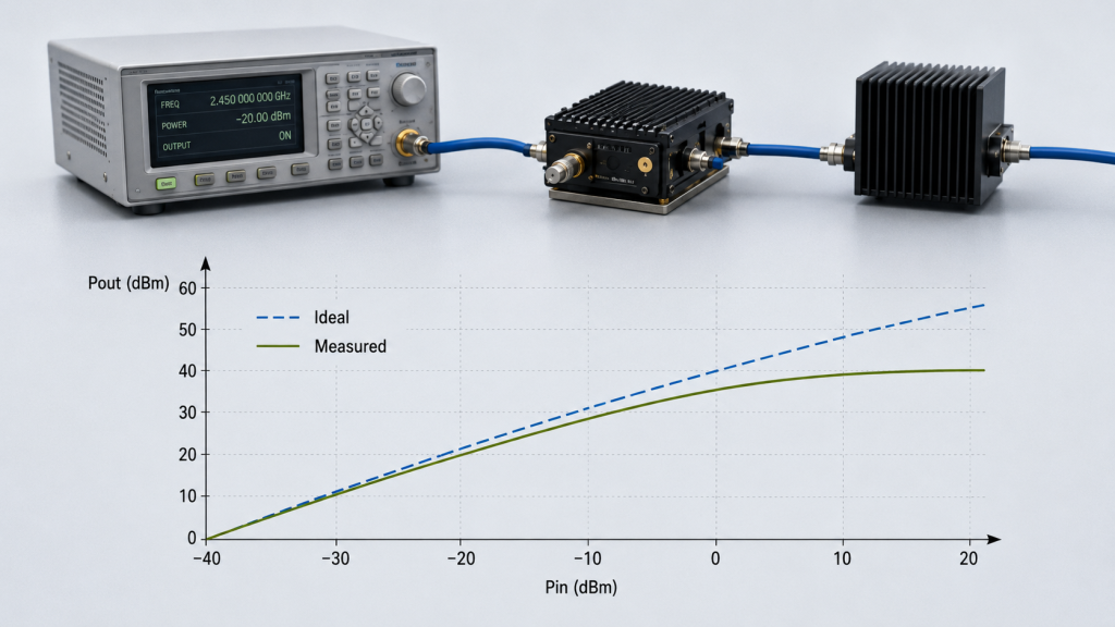 RF Power Amplifier Gain compression shown by Pout vs Pin curve where measured output flattens as the PA approaches full-power operation