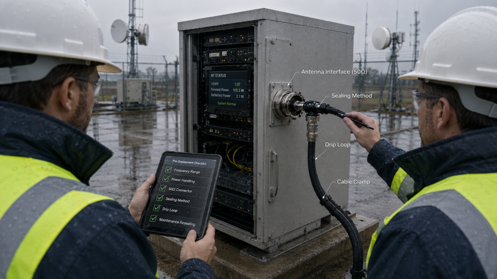 Outdoor RF power amplifier connector deployment checklist covering frequency, power, sealing, routing, and maintenance conditions.