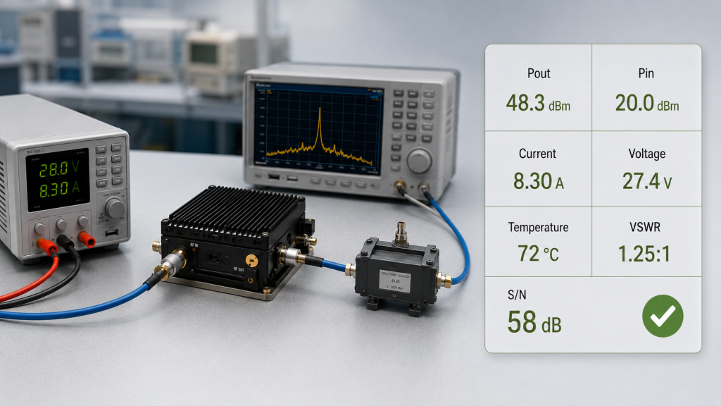 RF Power Amplifier Gain full-power evidence report showing Pout, Pin, current, voltage, temperature, VSWR, and serial number test data