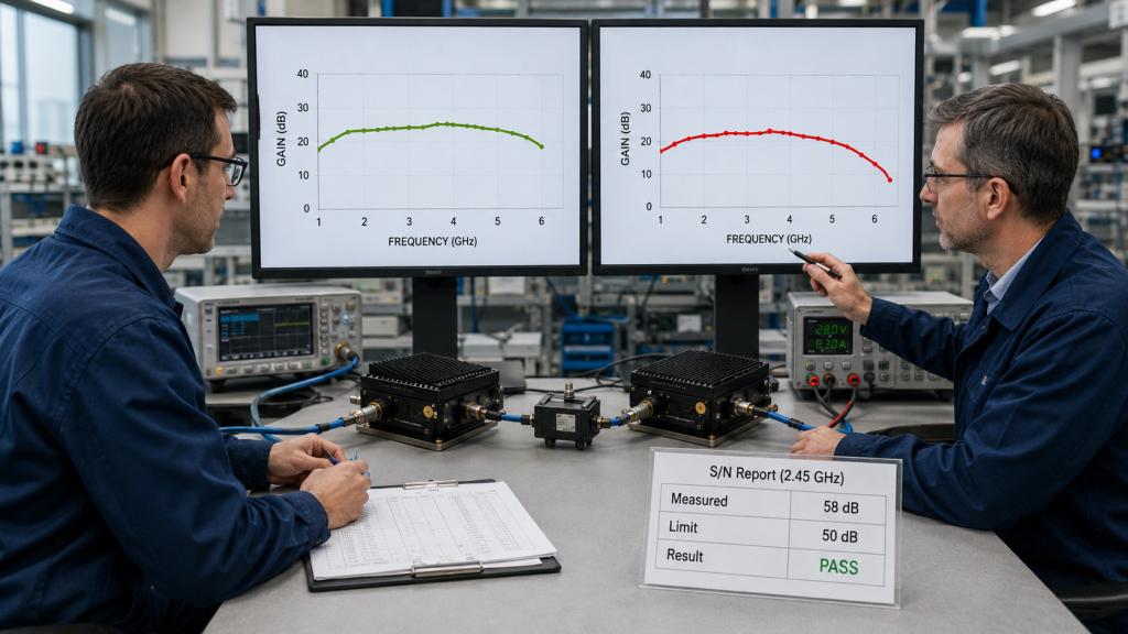 RF Power Amplifier Gain source-factory review comparing small-signal and full-power test curves with PA samples and S/N report evidence