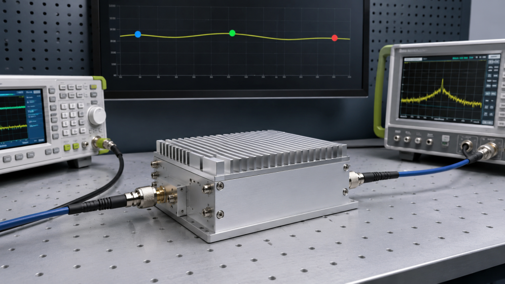 Wideband RF power amplifier module showing RF Power Amplifier Gain Flatness across low, center, and high frequency points