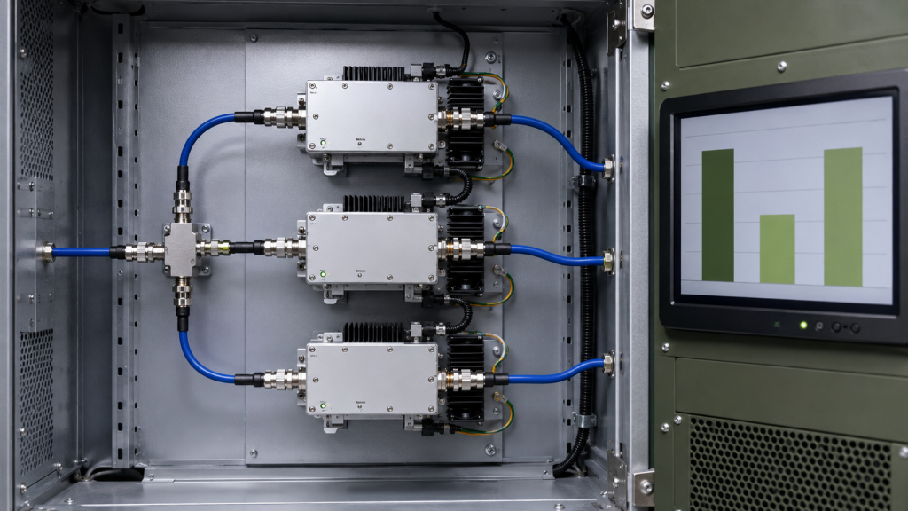 RF Power Amplifier Gain Flatness affecting low-band, mid-band, and high-band C-UAS output levels under the same drive input