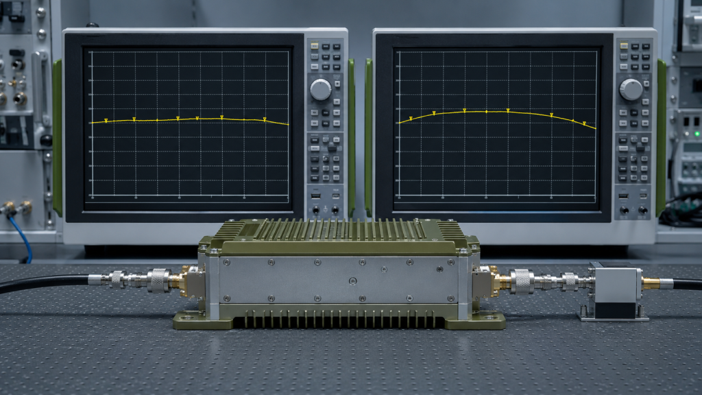 RF Power Amplifier Gain Flatness compared with output power flatness on a wideband RF PA test bench