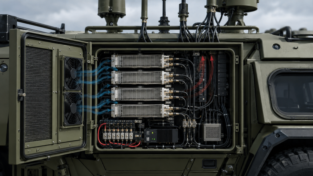 Vehicle-mounted C-UAS cabinet showing how RF Power Amplifier Gain Flatness issues become visible under compact power and cooling limits