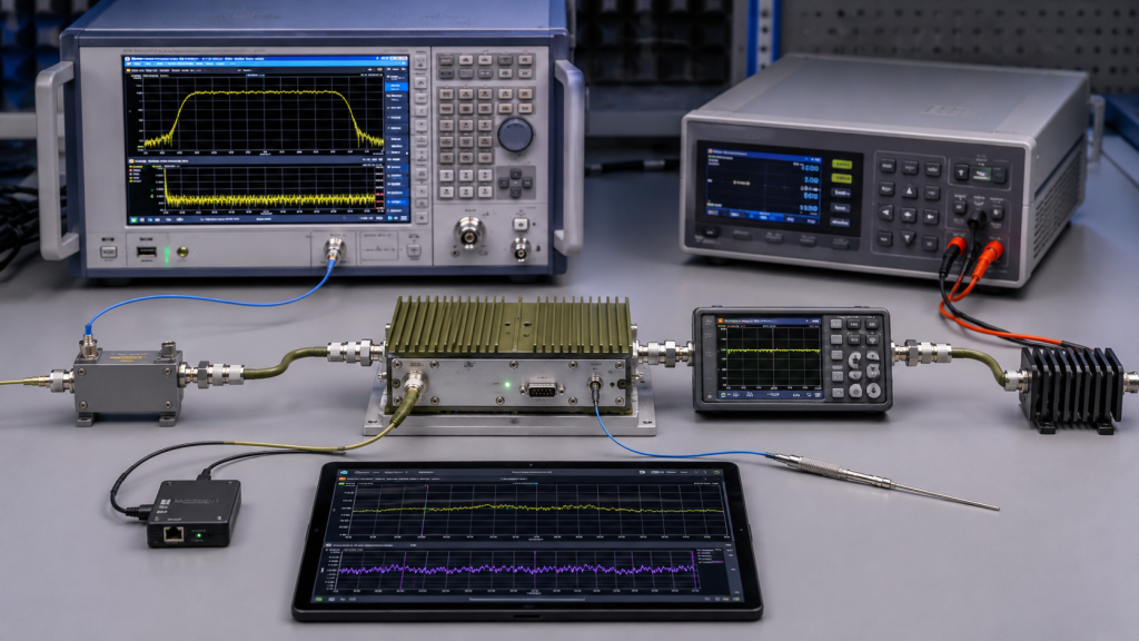 RF Power Amplifier Gain Flatness test evidence using spectrum analyzer, power meter, DC supply, coupler, temperature probe, and dummy load