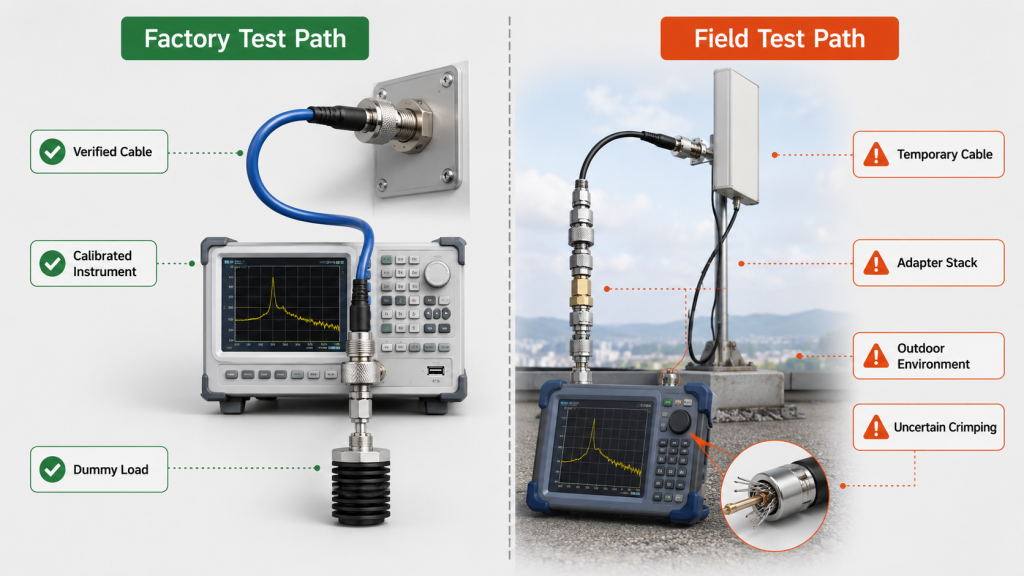 Factory and field RF test paths showing how connector crimping affects RF power amplifier test results.