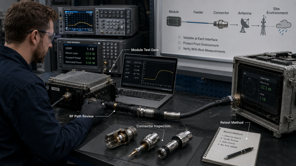 RF power amplifier supplier reviewing module, feeder cable, waterproof connector, and antenna path to reduce field misjudgment.