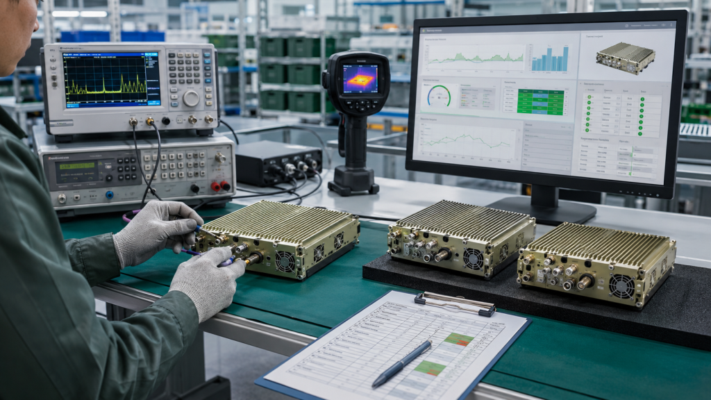 Source-factory review of RF Power Amplifier Gain Flatness, output flatness, thermal behavior, VSWR status, and serial-number traceability