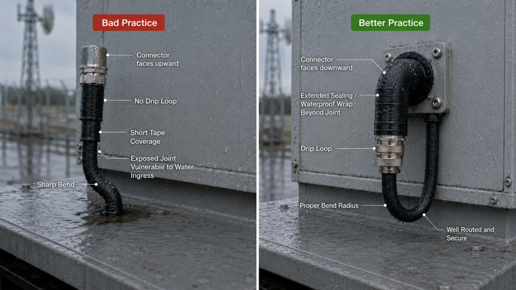 Proper RF connector waterproofing installation with sealing tape and drip loop to prevent water from entering the feeder path.