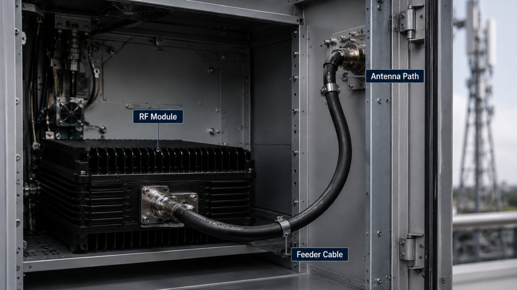 RF cable bending inside a power amplifier system showing the RF module, feeder cable, and antenna path as part of the complete RF chain.