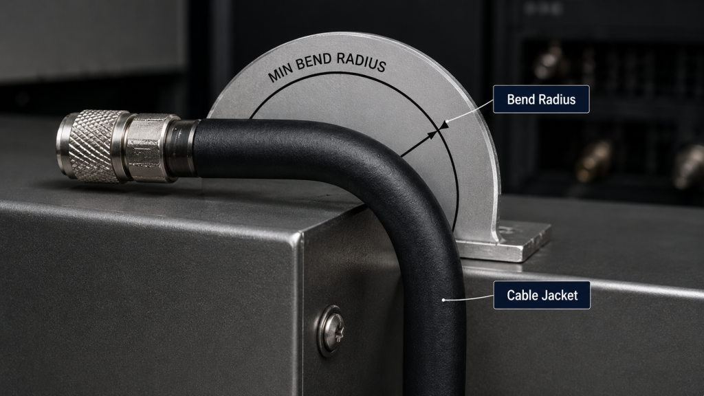 RF cable bend radius inspection showing that a cable can look physically intact while bend stress may still affect RF transmission behavior.