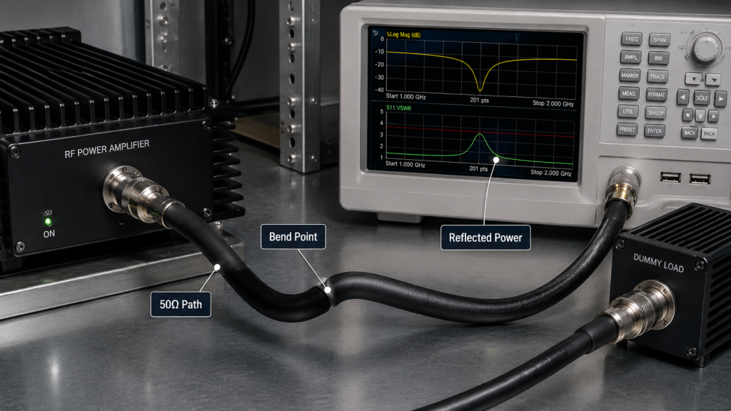 Tight RF cable bend creating a local impedance change in the feeder path, with a 50 ohm path, bend point, and reflected power indication.