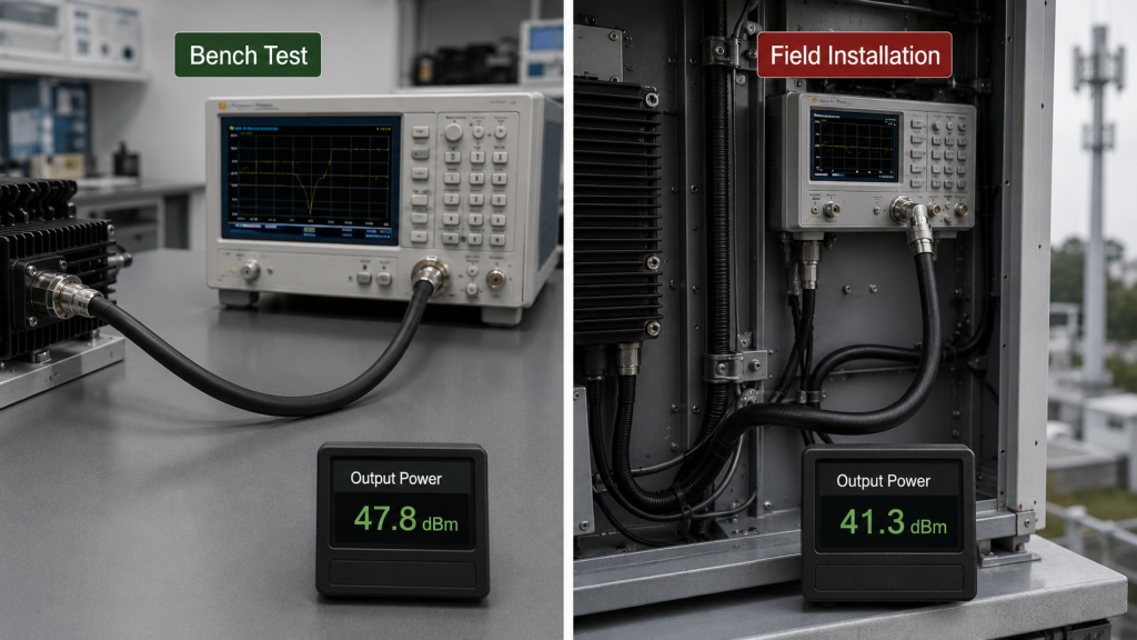 Bench test and field installation comparison showing how installed RF cable routing can reduce antenna-end output power.