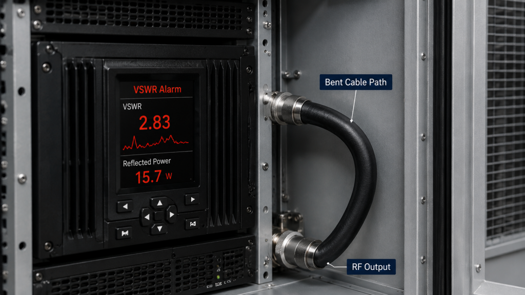 RF cable bending causing a VSWR alarm and reflected power increase in a power amplifier cabinet installation.