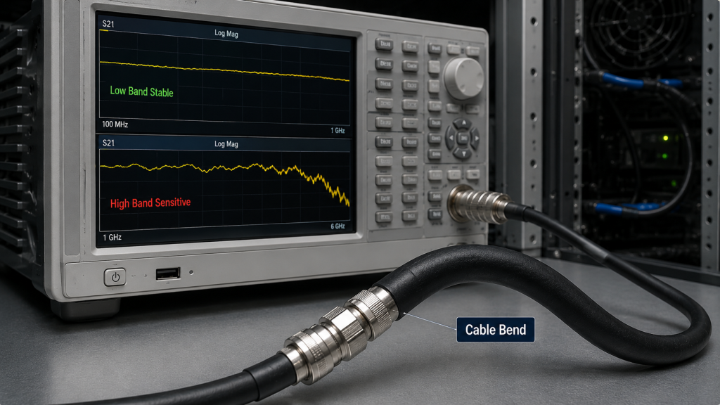 High-frequency RF cable bending sensitivity shown with low-band stable response and high-band signal variation caused by cable bend stress.