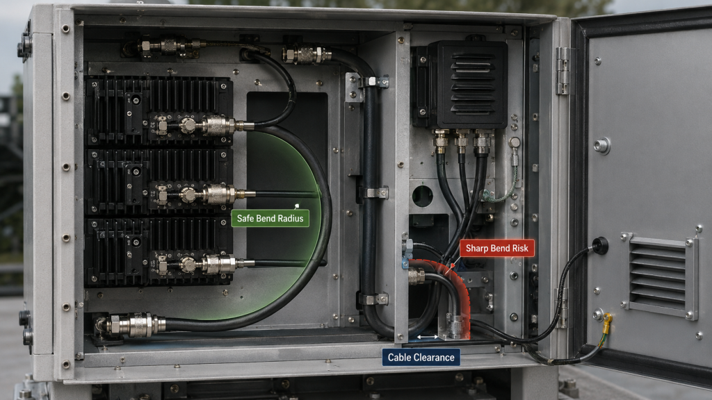 RF cabinet layout showing safe bend radius and sharp bend risk where limited space can force poor feeder cable routing.