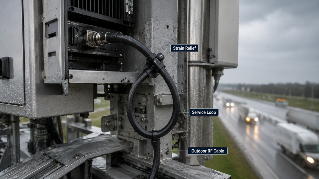 Outdoor and vehicle-mounted RF cable installation showing strain relief, service loop, and bend control for long-term field reliability.