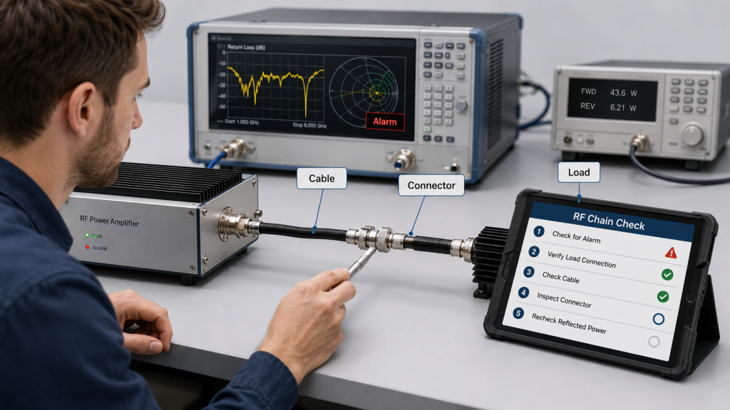 Engineer troubleshooting connector-related reflected power problems in an RF power amplifier test path.
