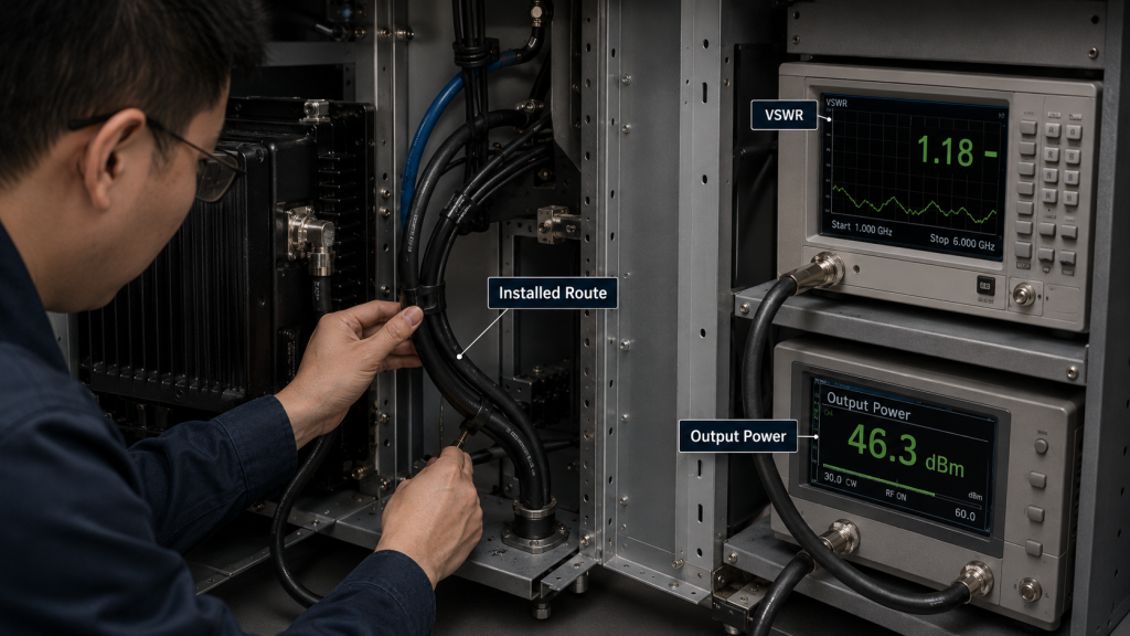 Engineer checking installed RF cable routing while monitoring VSWR and output power to prevent cable-bend loss in the final system route.