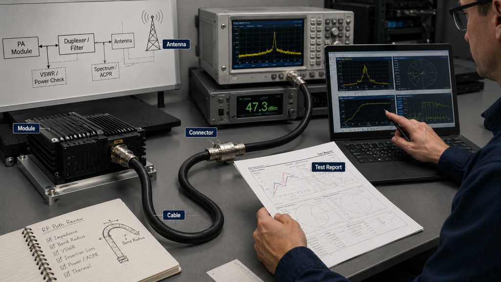 RF supplier engineering review showing power amplifier module, feeder cable, connector, antenna path, and test report used to separate module performance from installation-induced cable issues.