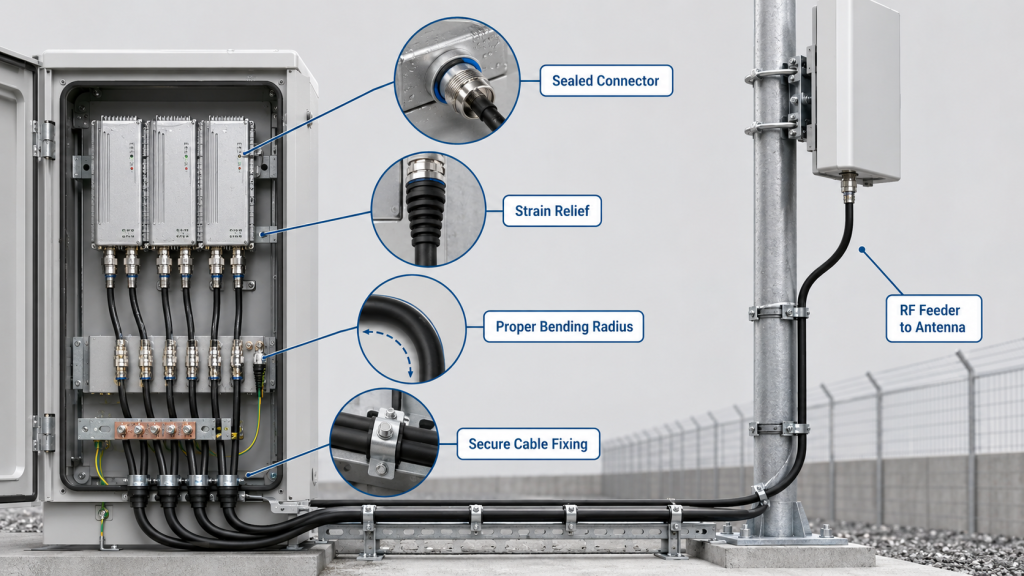 RF power amplifier connector details checked before system integration, including sealing, strain relief, and RF feeder routing.