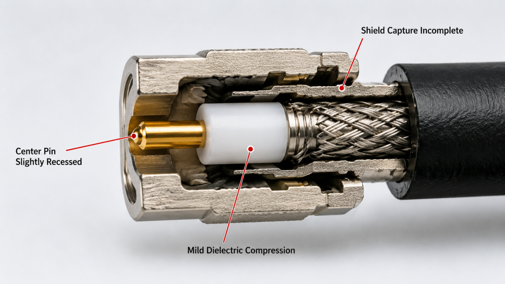 Cutaway RF connector showing a slightly recessed center pin, incomplete shield capture, and mild dielectric compression.