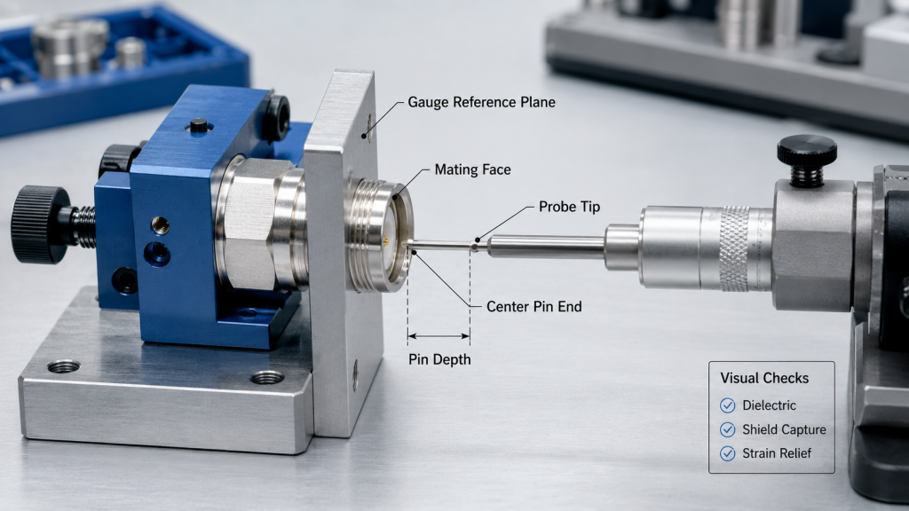 Depth gauge measuring RF connector center-pin depth from the mating face, with separate dielectric, shield-capture, and strain-relief checks.