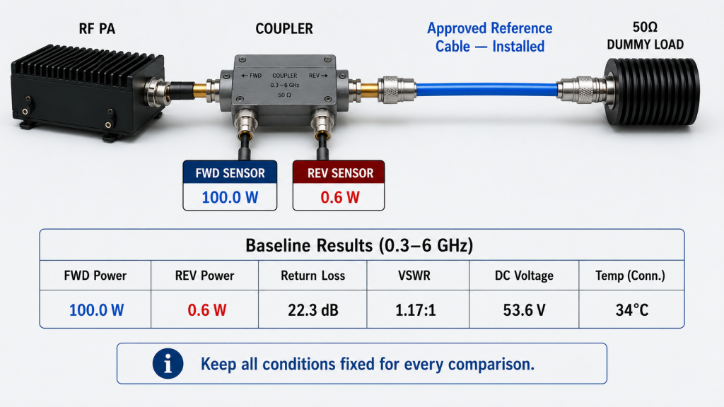 Approved reference cable baseline test showing 100.0 W forward power, 0.6 W reflected power, and a verified 50Ω dummy-load path.