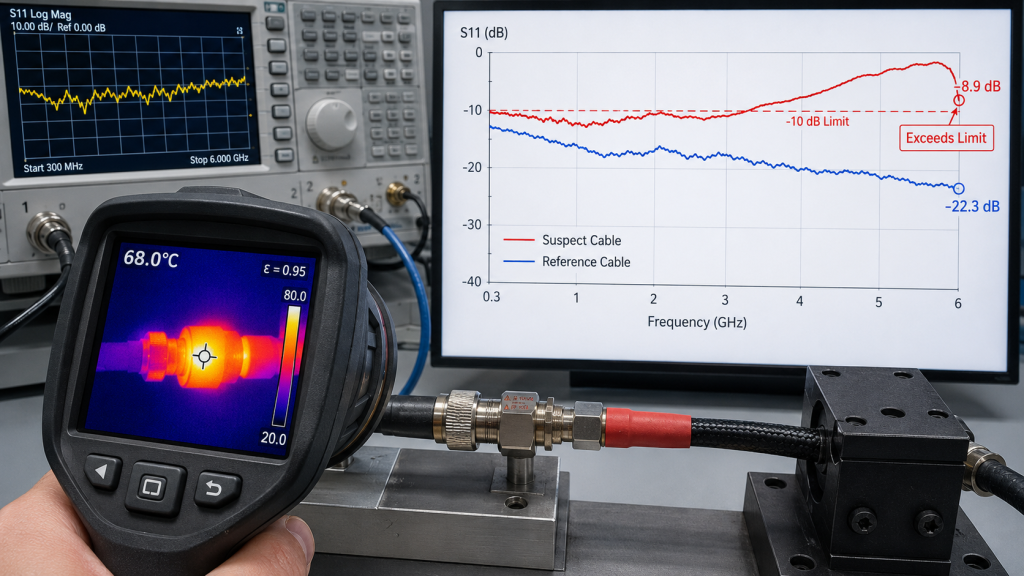 Thermal image and S11 comparison showing a suspect connector at 68°C and −8.9 dB versus the reference cable at −22.3 dB.