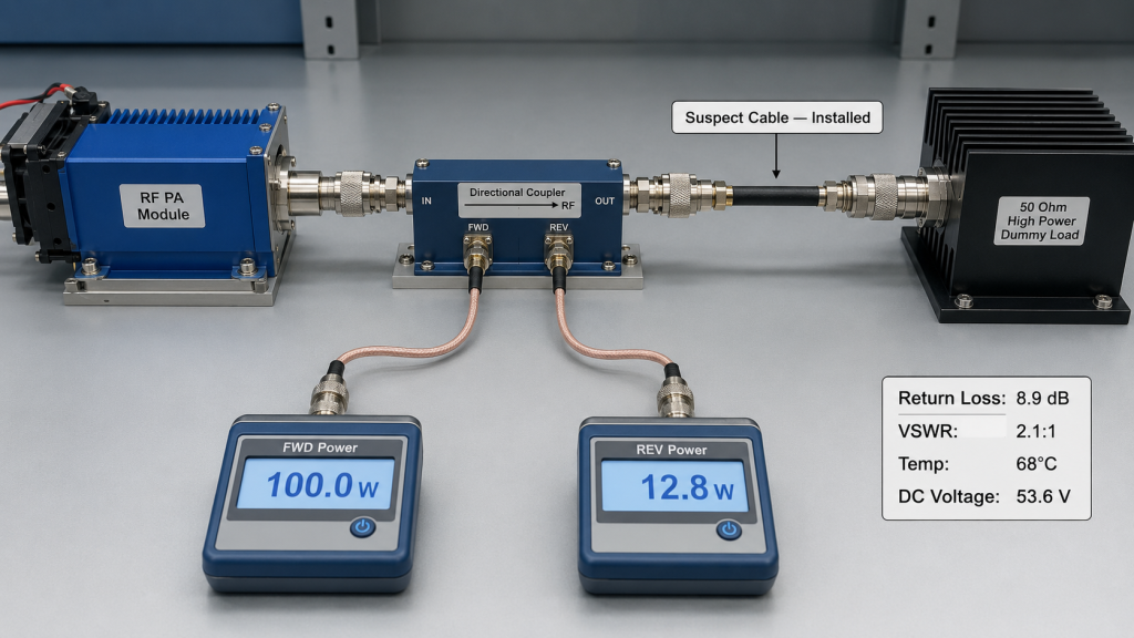 Suspect cable installed between the directional coupler and 50Ω dummy load, producing 100.0 W forward power and 12.8 W reflected power.
