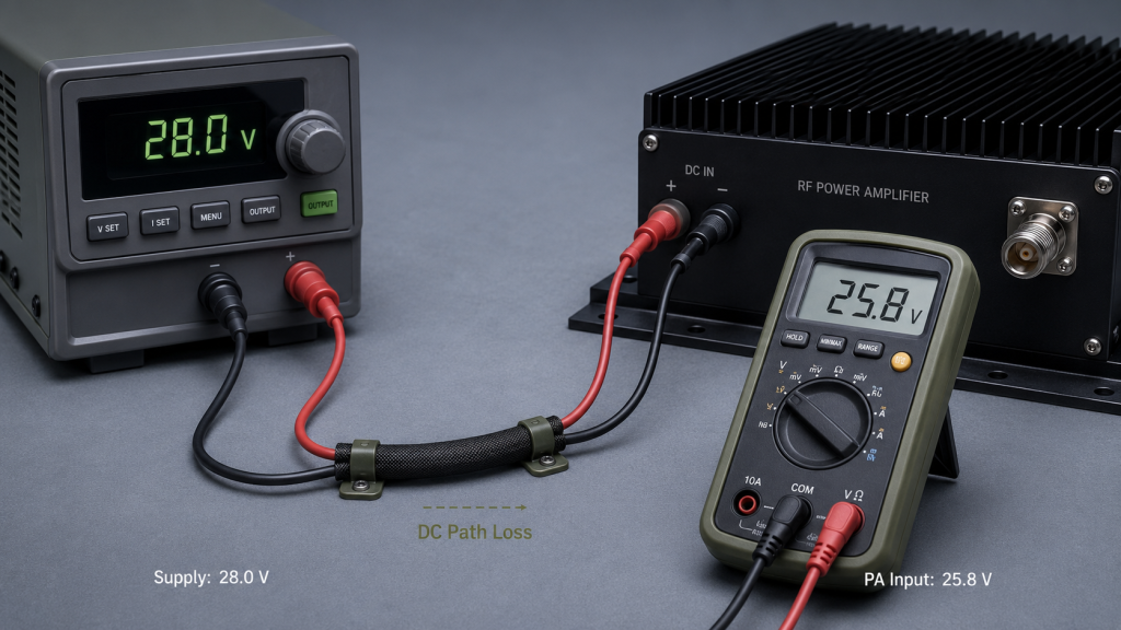 Power supply showing 28.0 V while the RF PA input measures 25.8 V because of DC path loss