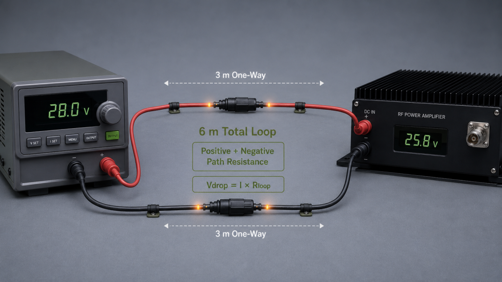 Three-metre positive and negative DC cables forming a six-metre total loop for RF PA voltage-drop calculation